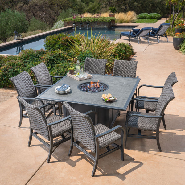 sunvilla indigo 7 piece woven dining with fire table