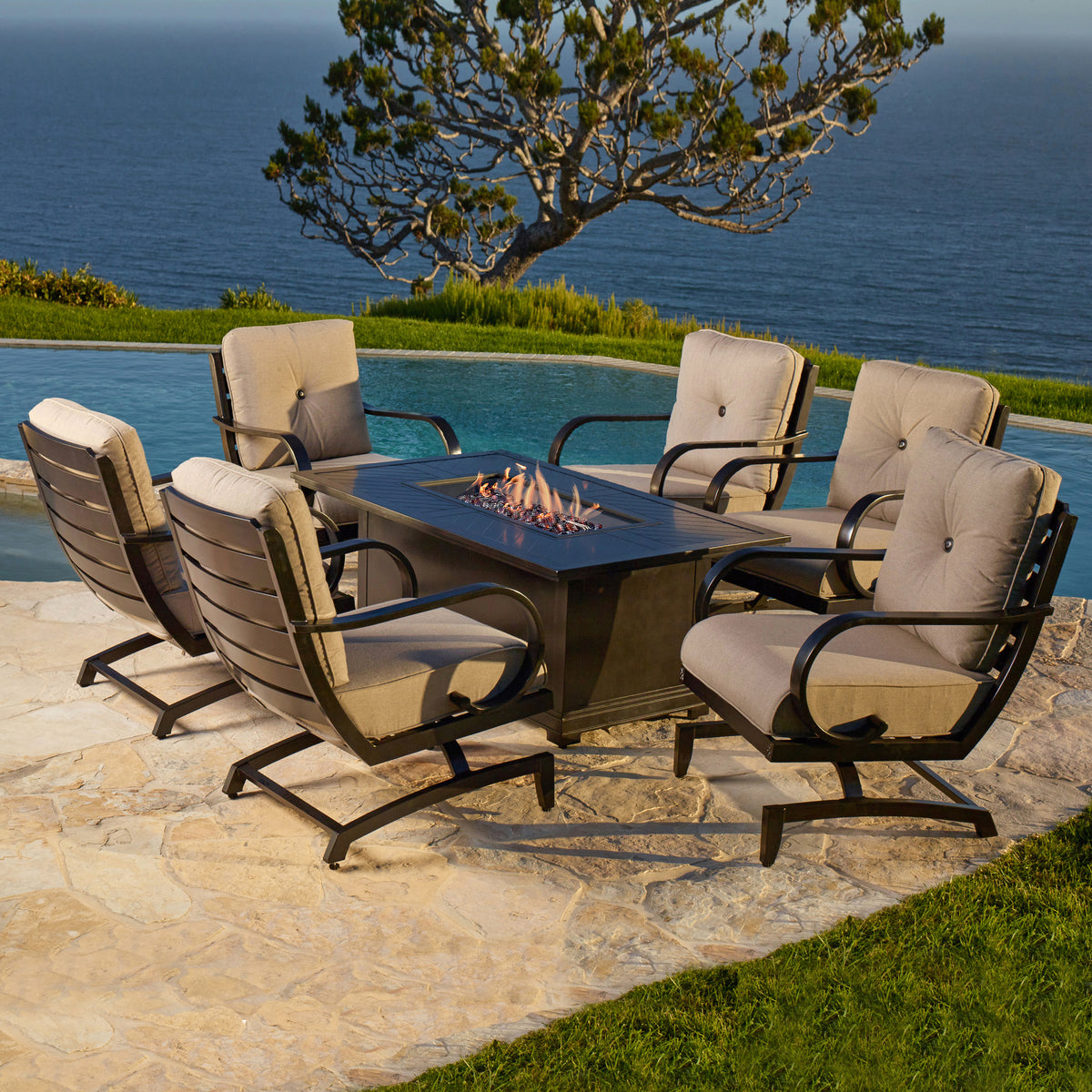 sunvilla indigo 7 piece woven dining with fire table