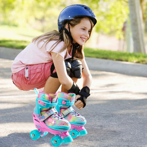 Girl on light-up roller blades with protective gear - Xino Sports