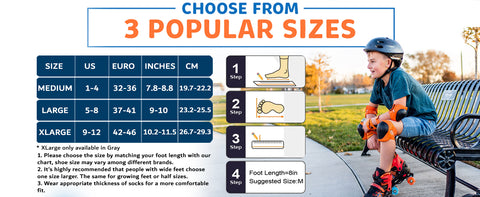 Xino Sports sizing chart for ice skates, inline hockey skates and roller skates