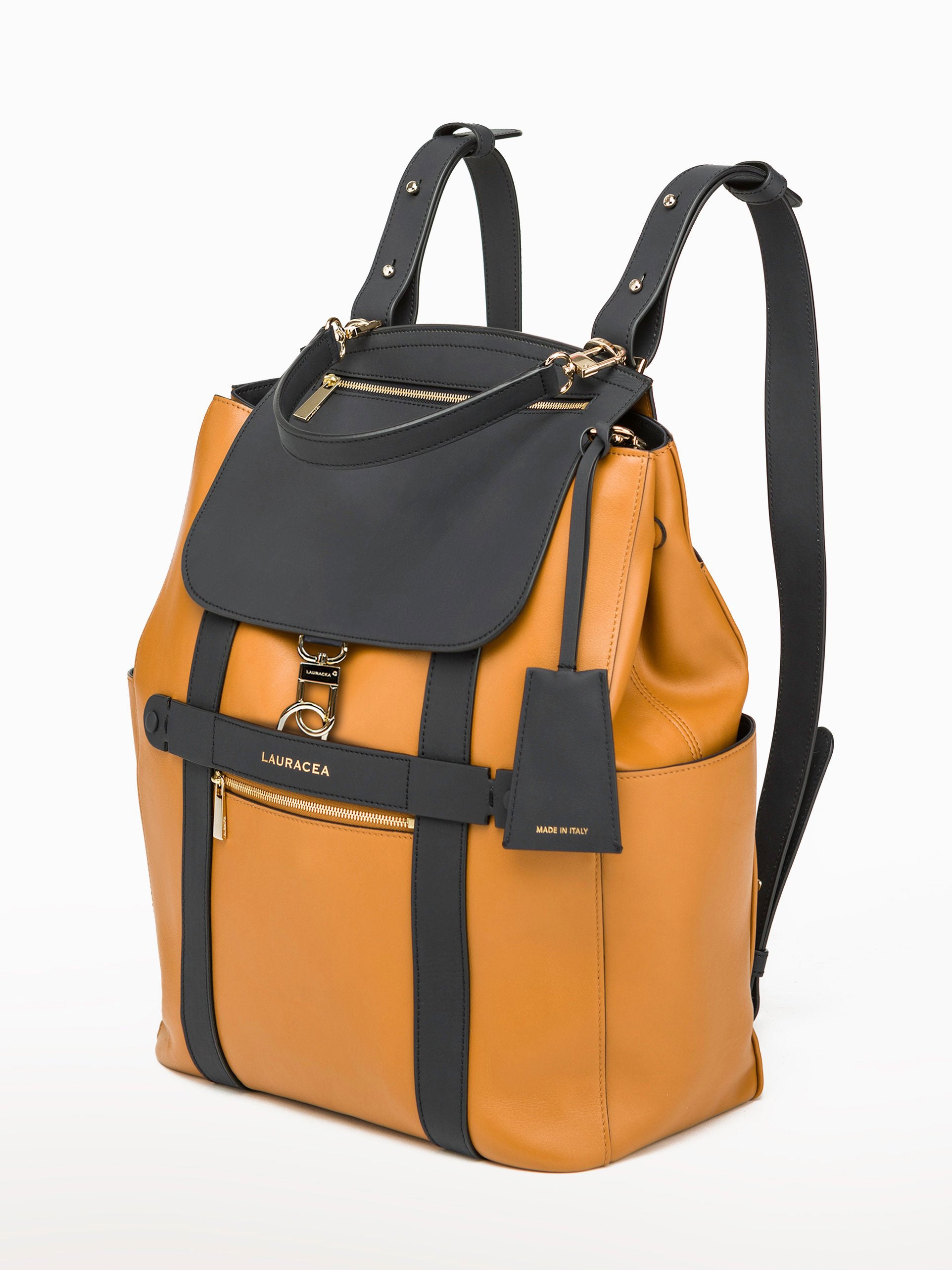 CONVERTIBLE BACKPACK TOTE - CARAMEL / NAVY | LAURACEA