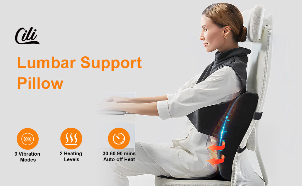 CILI Lumbar Support Pillow for Office Chair, Heated Back Support Pillow  with Vibration, Back Massager for Pain Relief, Back Rest Cushion Pillow for