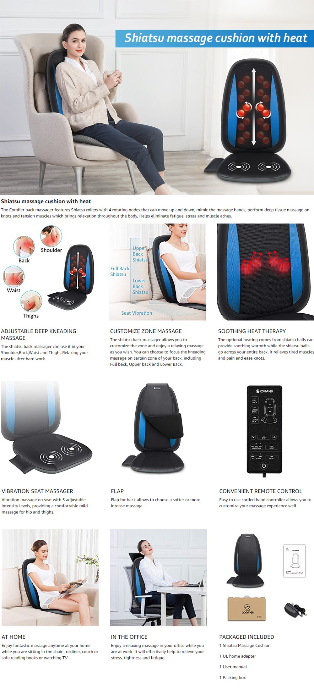 Comfier Shiatsu Back Massager with Heat,Deep Tissue Kneading Massage S