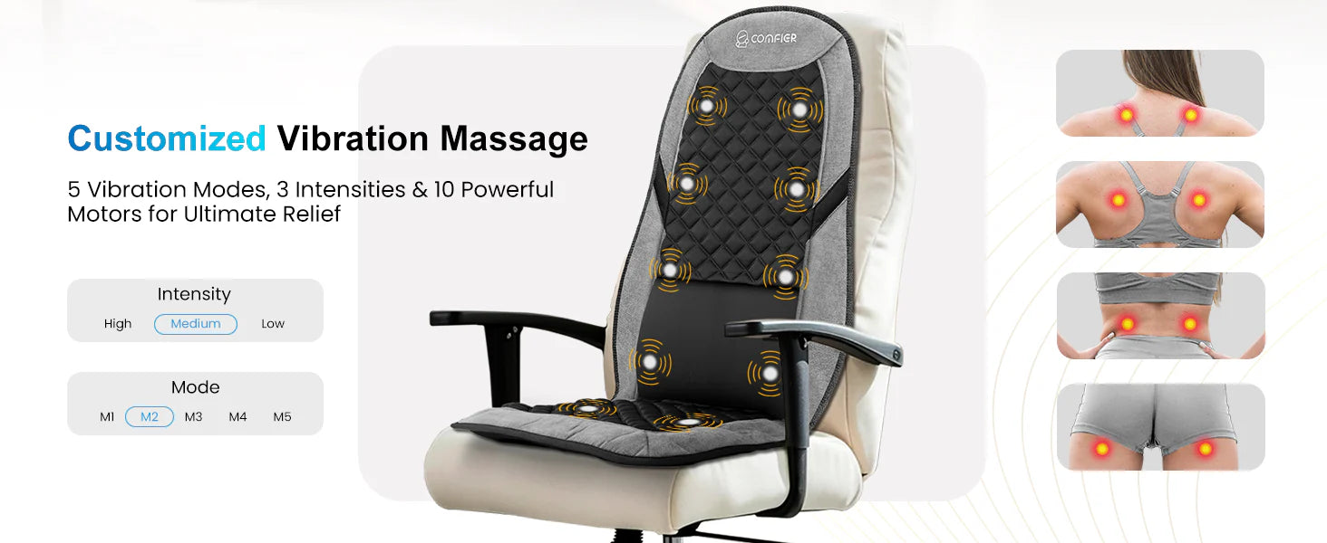 alt="Massage seat cushion with 10 vibration motors showing full back and seat vibration points"