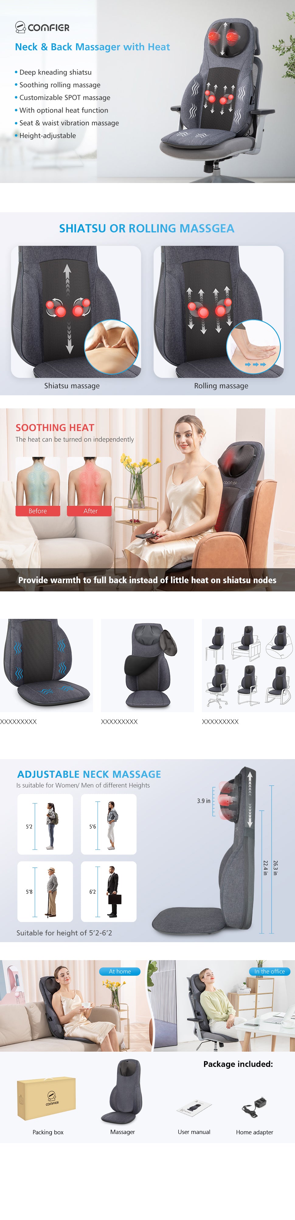  COMFIER Shiatsu Neck Back Massager, Smart App Control Massage  Chair Pad,Kneading, Rolling, Vibration,Compression Massage Seat Cushion  with Heat & Multiple Modes for Muscle Pain Relief, Home Office use : Health  