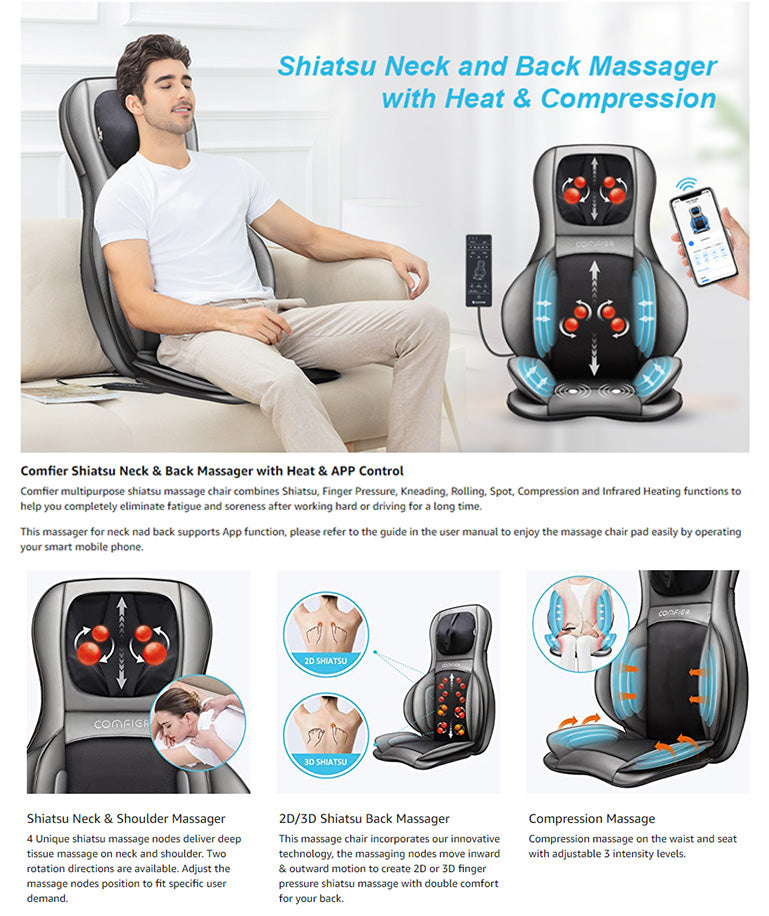 Comfier Shiatsu Neck Back Massager with Heat, Full Back Massage Chair Pad -2303R