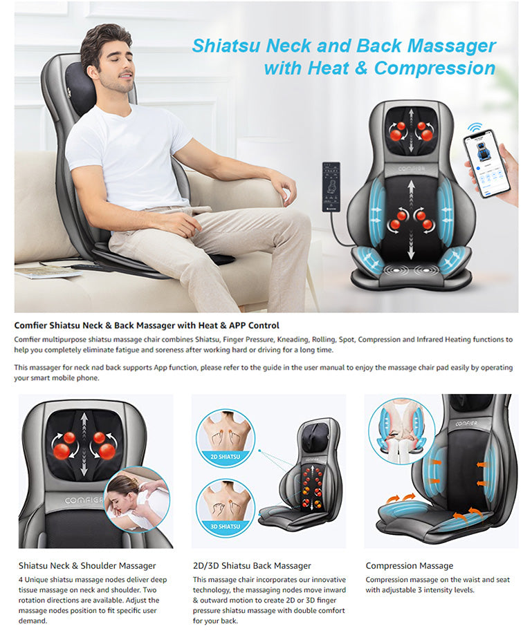 Comfier Shiatsu Neck Back Massager with APP Remote, 2D/3D Kneading Massage  Chair Pad, Heating Compression Seat Cushion Massagers, Ideal Gifts 