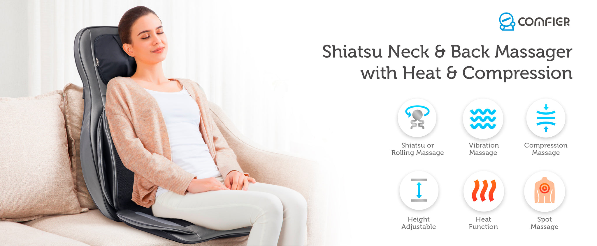 COMFIER Shiatsu Neck Back Massager with Heat, 2D ro 3D Kneading Massage  Chair Pad, Adjustable Compre…See more COMFIER Shiatsu Neck Back Massager  with