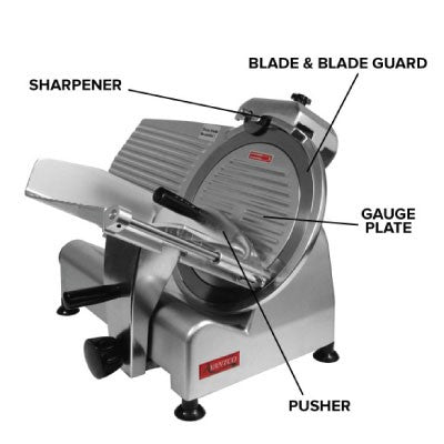 The different parts of a commercial meat slicer machine