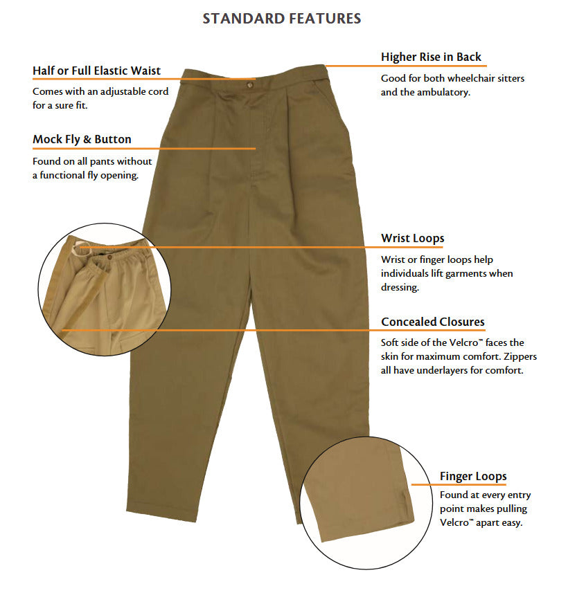 Standard features on Easy Access Pants for Older Adults