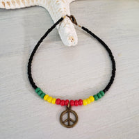 Rasta Anklet with Bronze Peace Sign Charm-2-8"-Beach Life Hippie