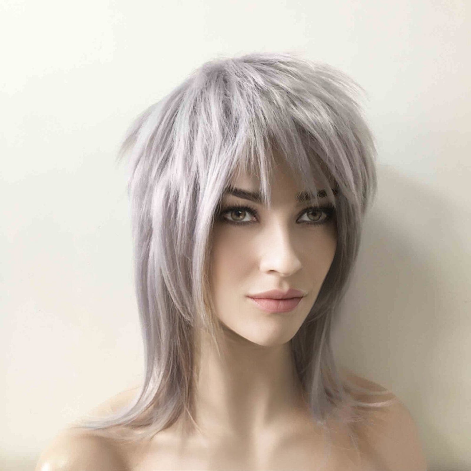 Image of Short layered mullet with blunt fringe gray hair