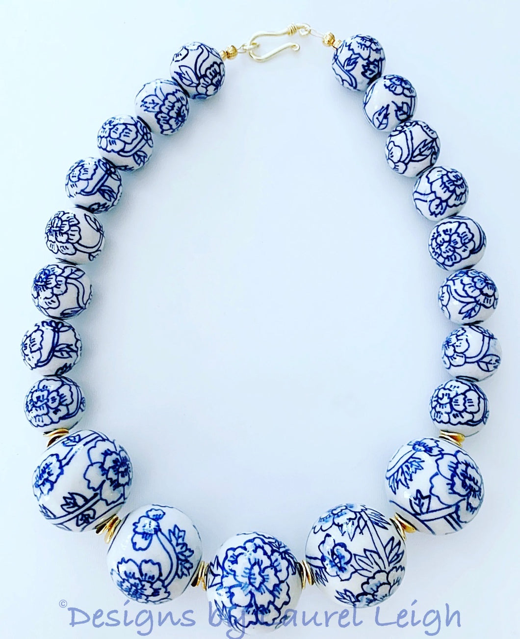 Chunky Blue and White Chinoiserie Peony Flower Statement Necklace - Ginger jar