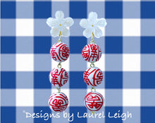 Load image into Gallery viewer, Red and White Chinoiserie Floral Triple Drop Earrings - Ginger jar