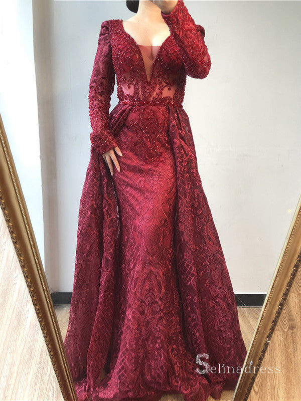 Burgundy A-line Luxury Lace Prom Dress Long Sleeve Beaded Evening Formal Gown SC042