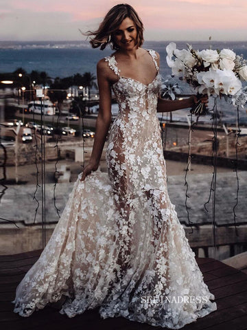 Luxury 3D Lace Sweetheart Mermaid Wedding Dress Rustic Wedding Gowns Boho Flowers Bridal Dress ASK005