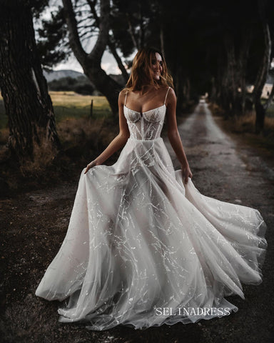 Sexy Boho Beach wedding dress Tulle Spaghetti Neck Beaded Long Bridal Dresses A Line Crystal wedding dress ASK006