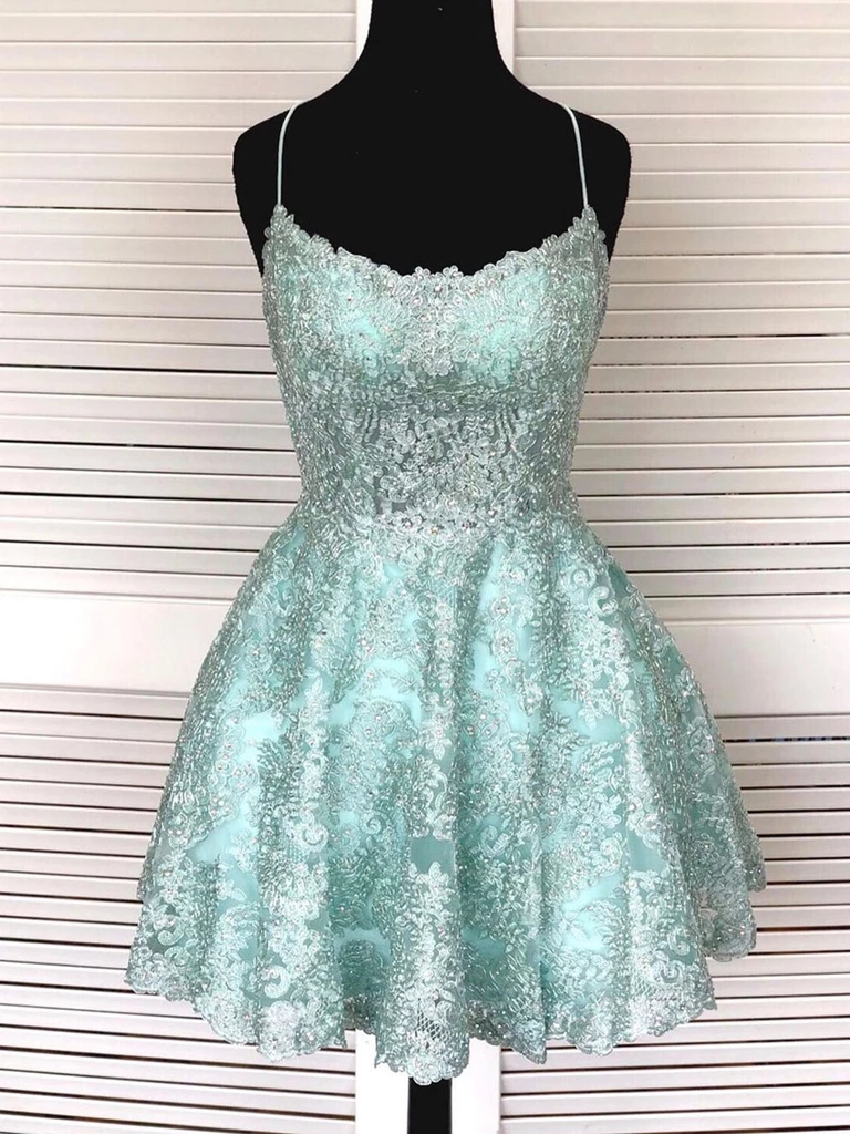 A-Line Light Blue Lace Cute Homecoming Dress Short Prom Dress #MHL083 ...