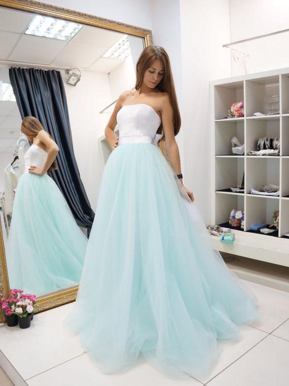 light blue strapless gown