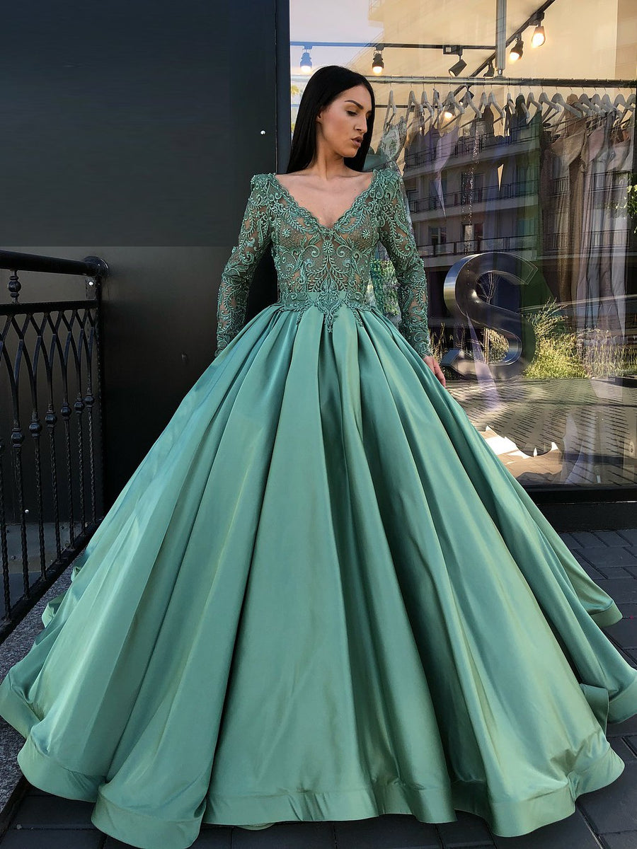 A-line V neck Green Prom Dresses Long Sleeve Lace Prom Dress Evening D ...