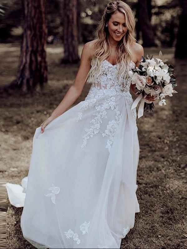 A Line Sweetheart Applique Lace Wedding Dress Rustic Beaded Boho Weddi