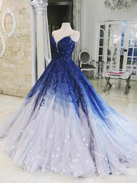 Ombre Prom Dress With Applique Royal Blue Prom Dresses Long Evening Dr ...