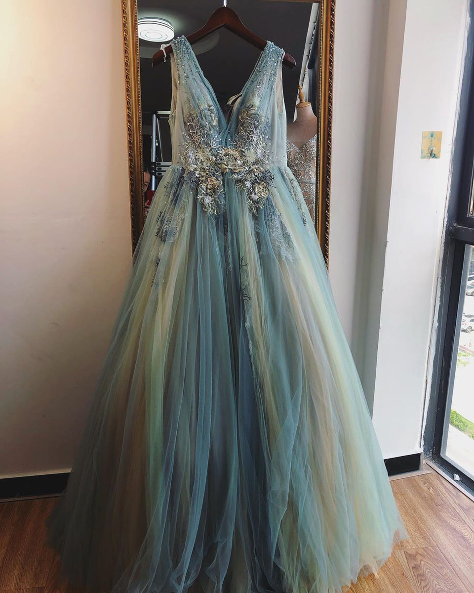 A-line V neck Ombre Blue Long Prom Dresses Beautiful Applique Evening ...
