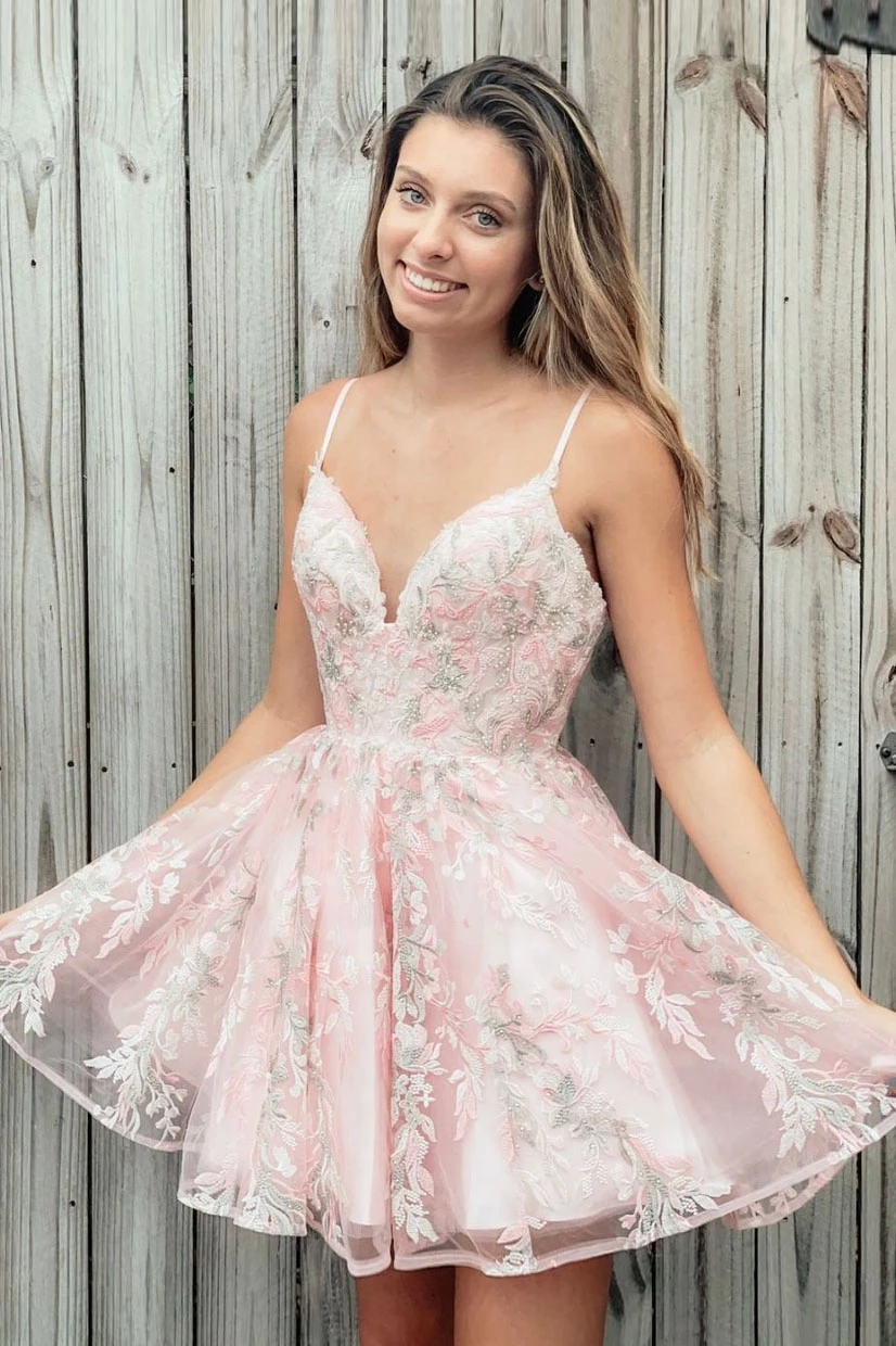 Pink Spaghetti Straps Lace Short Prom Dresses Homecoming Dresses MHL11   WHK137 1024x1024@2x 