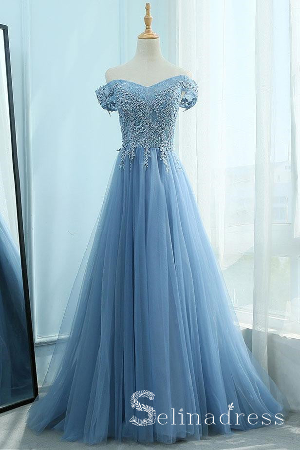 A-line Blue Off-the-shoulder Vintage Long Prom Dresses Lace Evening ...