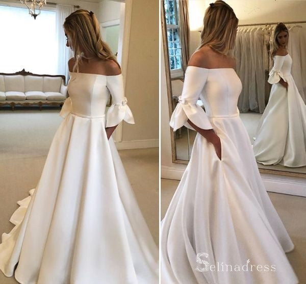 A-line Off-the-shoulder 3/4 Sleeve Bow Satin Wedding Dress Cheap Brida ...