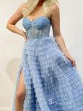 A-line Spaghetti Straps Long Prom Dresses Light Sky Blue Evening Dresses MLK049|Selinadress