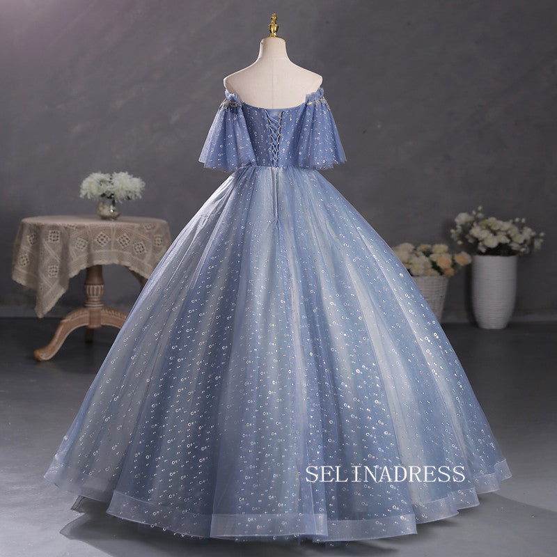 A-line Strapless Blue Long Prom Dress Ball Gown Short Sleeve Princess –  selinadress