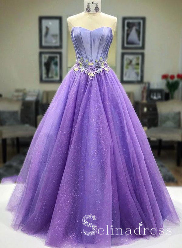 A-line Sweetheart Grape Long Prom Dresses With Floral Lace Formal Even ...