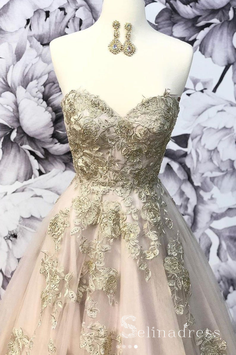 A-line Sweetheart Lace Unique Prom Dresses Champagne Long Formal Gowns ...