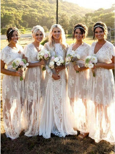 A-line V neck Short Sleeve Lace Bridesmaid Dress Cheap Bridesmaid Dresses BRD016|Selinadress