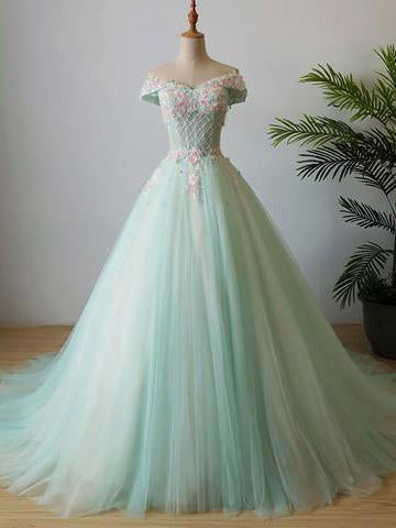 Chic A-line Off Shoulder Mint Prom Dress Applique Long Prom Dress Even ...