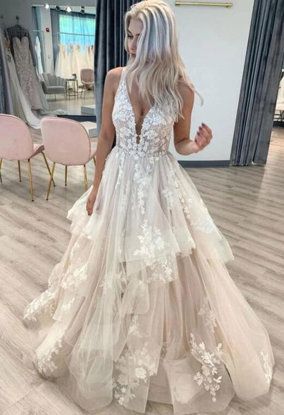 Elegant V Neck Ball Gown Lace Rustic Wedding Dresses Appliques Tired K –  selinadress