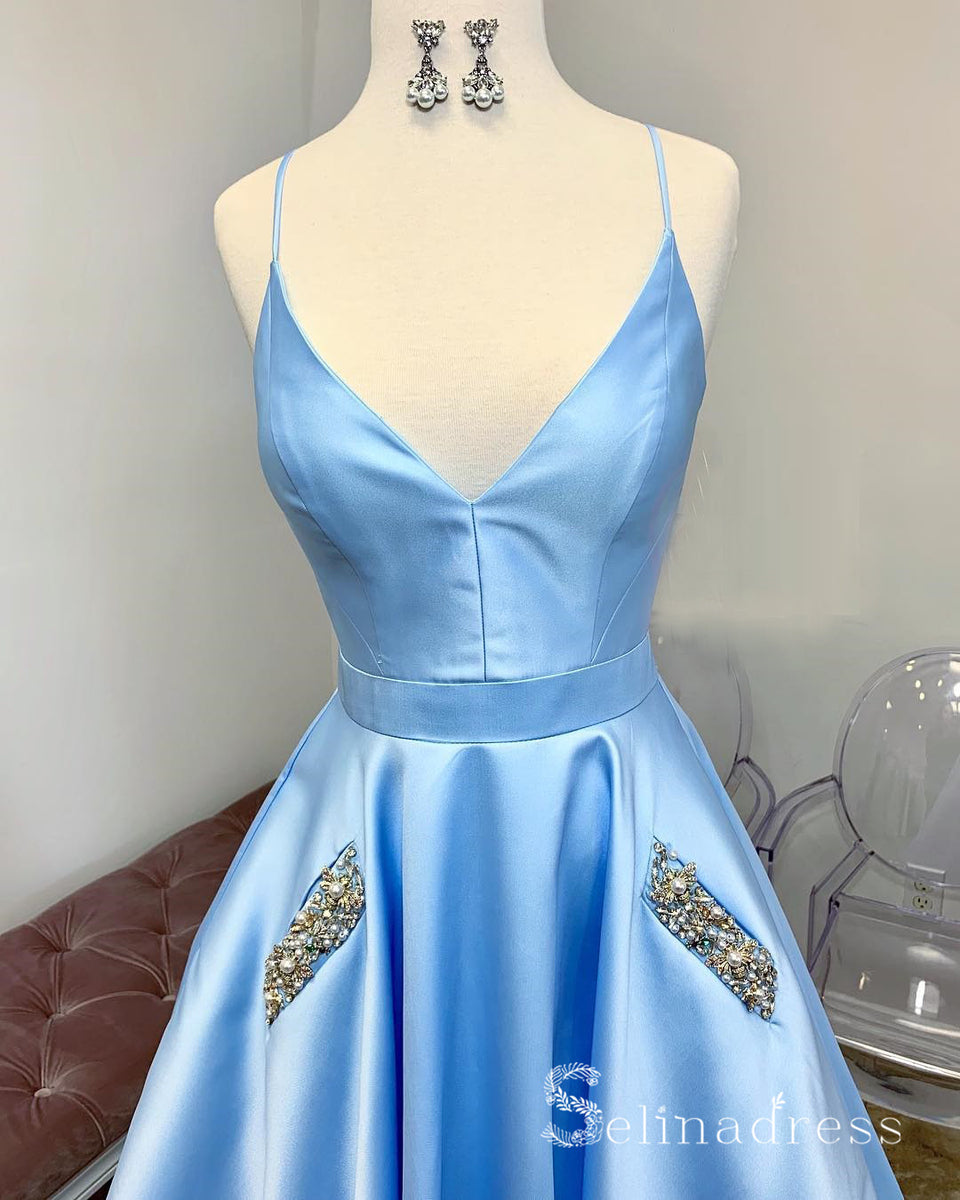 Light Sky Blue Spaghetti Straps Long Prom Dresses Beaded Pocket Evening ...