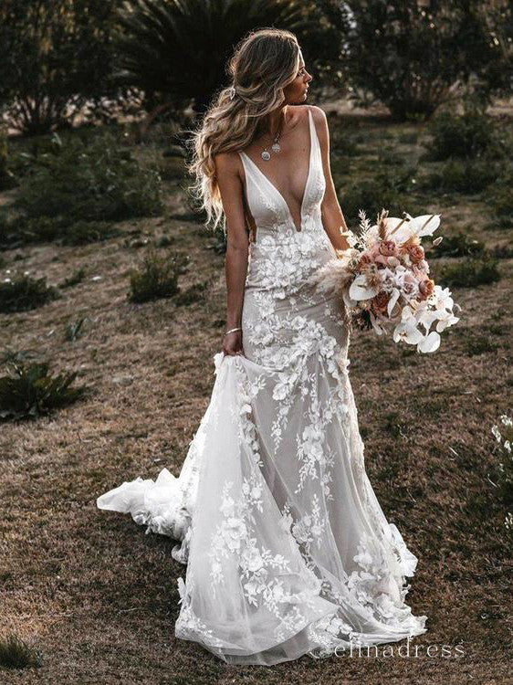 Mermaid Deep V neck Lace Wedding Dresses Open Back Rustic Bridal Gowns ...