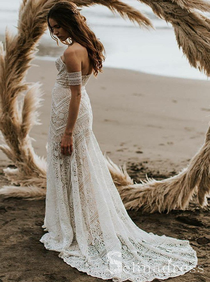 Mermaid Off-the-shoulder Ivory Lace Beach Wedding Dress Rustic Boho ...