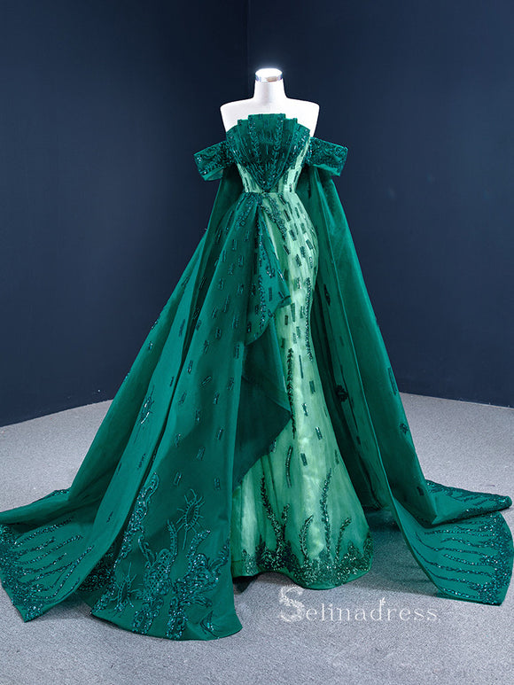 Mermaid Off-the-shoulder Long Prom Dress Dark Green Sequins Evening Go ...