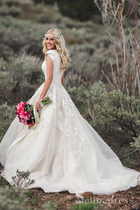 A Line V Neck Lace Rustic Country Wedding Dresses With Short