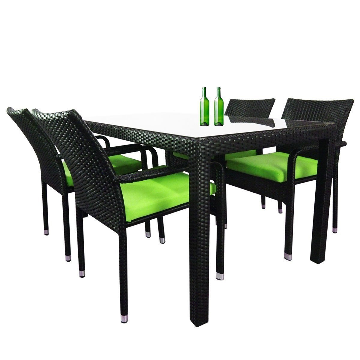 black dining table with green chairs