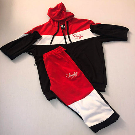 black and red sweatsuit