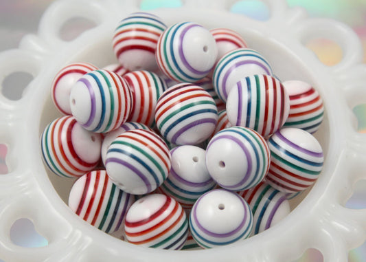 Beadtin Yellow & White Striped 20mm Round Resin Beads (10pcs), Size: 20 mm