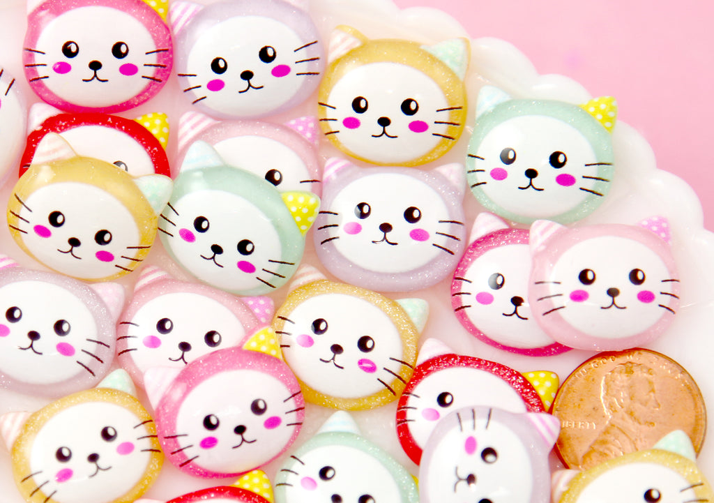 Kitty Cabochon - 20mm Colorful Kitty Cat Multi Color Flat Back Resin C