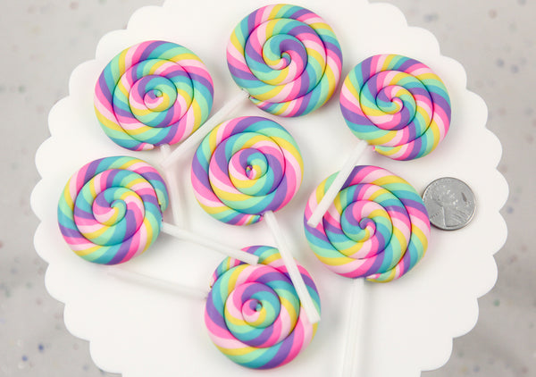 80mm Huge Pastel Rainbow Swirl Lollipop Flatback Clay or Resin Cabocho ...