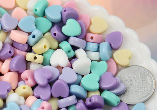 Pastel Heart Beads - 9mm Candy Hearts Pastel Heart Bead Resin or Acrylic  Beads - 200 pc set