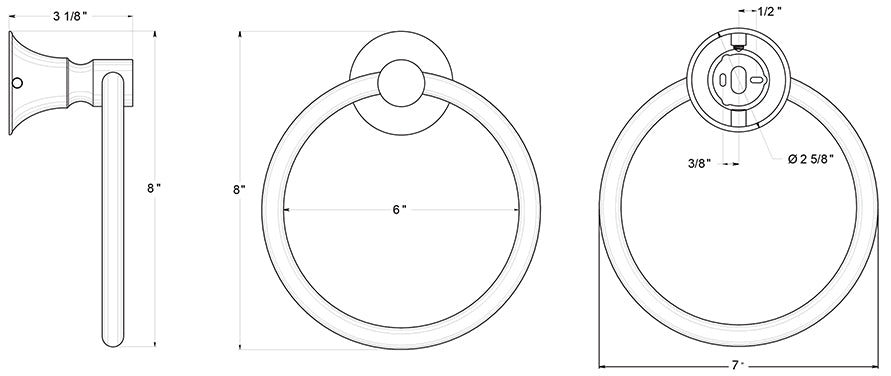 Deltana 88TR6 6" Towel Ring Dimensions