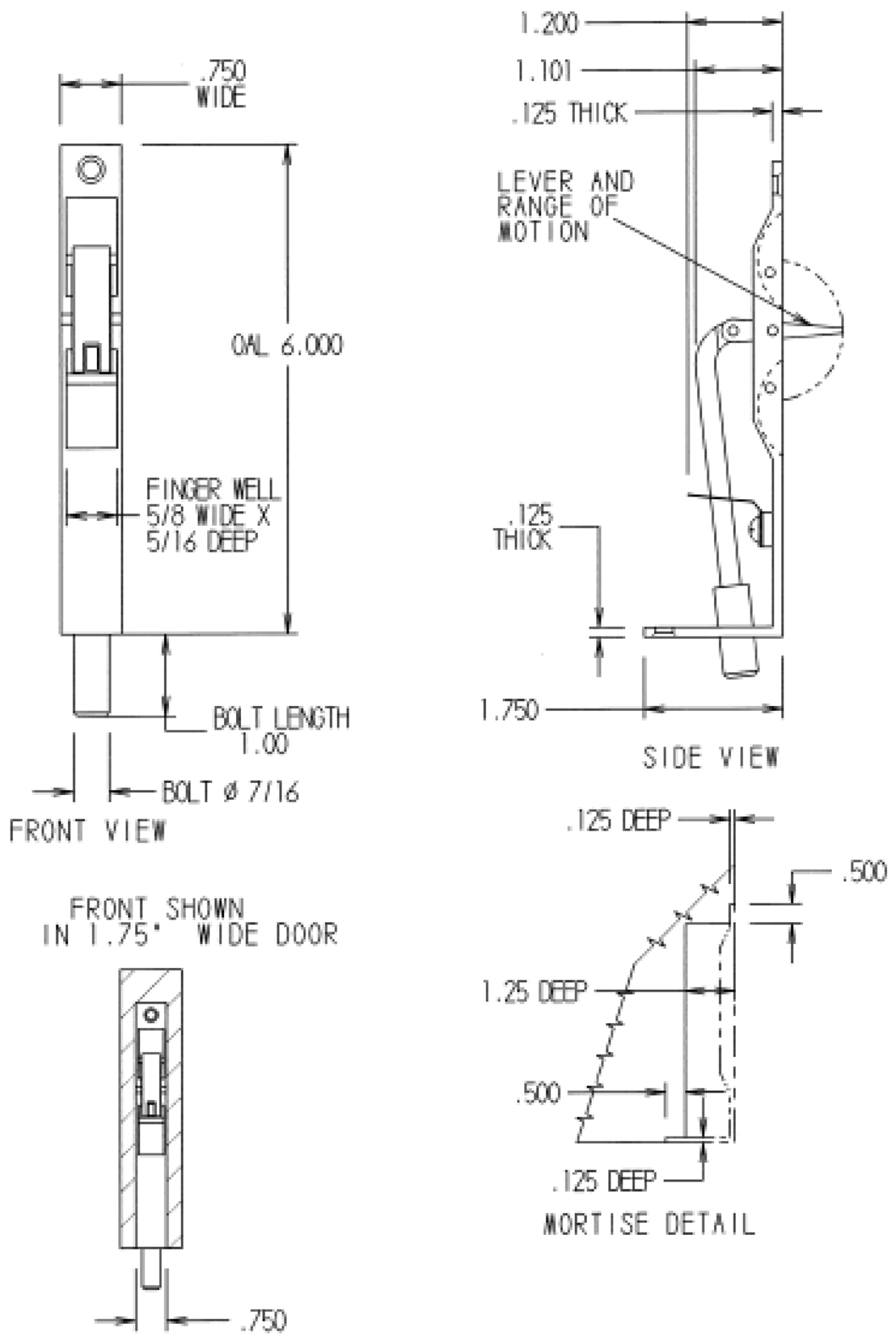 FPL 5260 Finger Friendly Square Corner Flush Bolt Dimensions